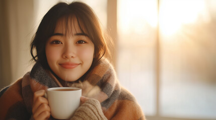 Smiling woman holding cup of coffee, wrapped in cozy blanket, enjoying warm moment by window with soft sunlight illuminating her face.