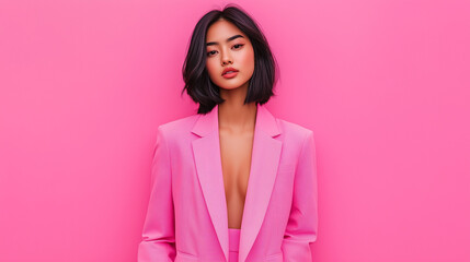 confident woman in pink suit stands against vibrant pink background, exuding style and elegance. Her bold look captures attention and showcases modern fashion trends.