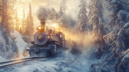 Fototapeta premium A vintage steam locomotive in a snowy mountain pass, surrounded by towering pine trees and frosty mist, golden sunlight streaming through gaps in the forest