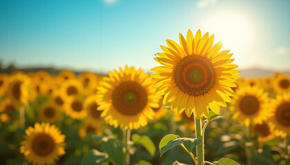 Obraz premium Vibrant Sunflowers Illuminated by Sunlight in a Breezy Field with a Clear Blue Sky