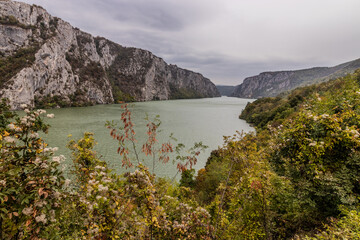 Naklejka premium Iron Gate reservoir on Danube river between Serbia and Romania