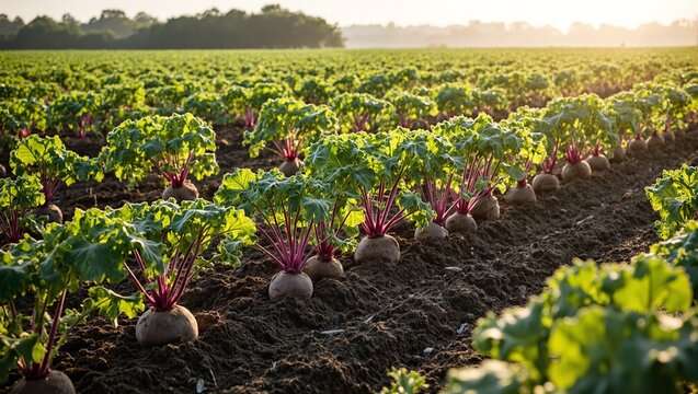 Lush sugar beet field under sunny skies