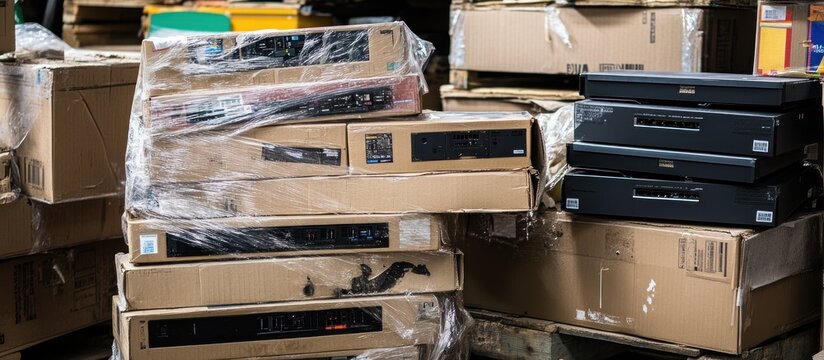Pallet of damaged electronics boxes with torn shrink wrap, stacked haphazardly