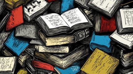 A chaotic stack of colorful books, some open, illustrating a love for reading and knowledge.