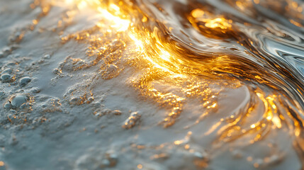 Golden Liquid Flows Across Textured Surface, Shimmering Beautifully Under Light