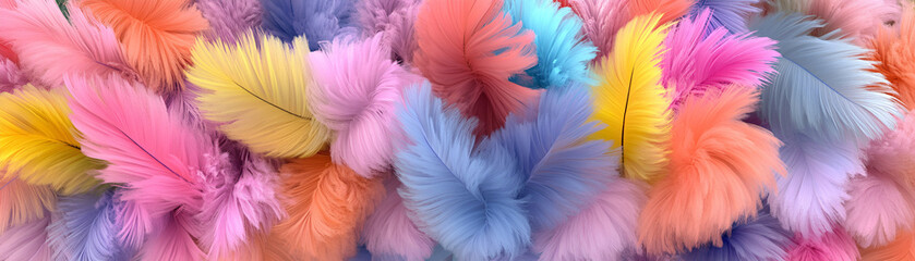 Fototapeta premium Pastel Feathers, A Colorful Collection of Soft, Fluffy Plumage. Delightful pastel hues create a vibrant, airy texture.