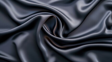 Fototapeta premium A sleek black satin fabric flows seamlessly, embodying luxury with its smooth curves and waves against a dark backdrop.
