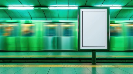 A vacant billboard in a bustling metro hub, framed by sleek metallic designs and vibrant lights, echoes urban advertising.