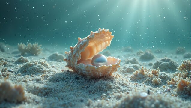 Glowing seashell cradling pearl on sandy ocean floor with coral pieces and rippling sunlight