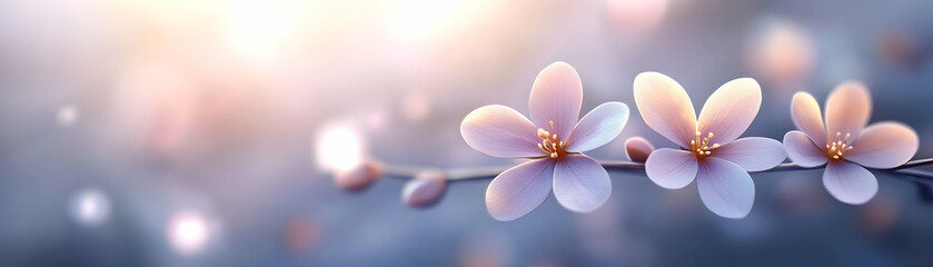 Obraz premium Delicate Blossom, Pastel Flowers in Soft Sunlight, Artistic Digital Illustration of Springtime Beauty, Tranquil Nature Scene