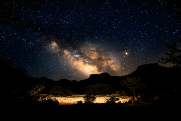 Night sky with Milky Way galaxy over dark silhouetted landscape.