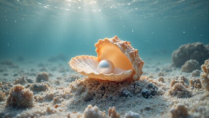 Glowing seashell cradling pearl on sandy ocean floor with coral pieces and rippling sunlight