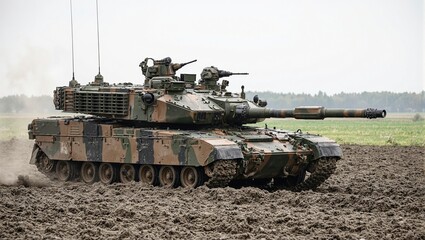 Fototapeta premium Powerful modern tank in action with 120mm gun navigating muddy terrain at military training