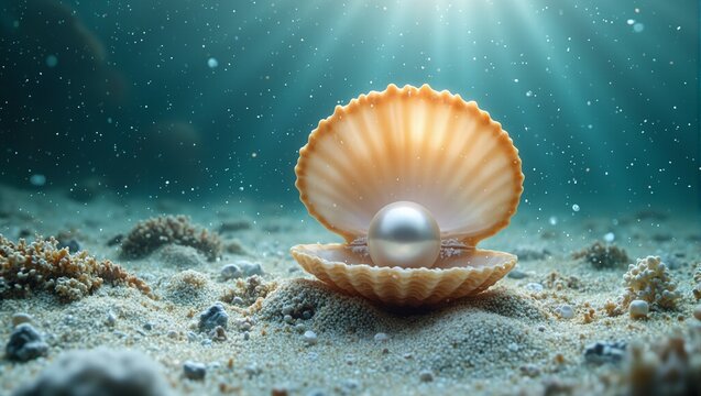 Glowing seashell cradling pearl on sandy ocean floor with coral pieces and rippling sunlight
