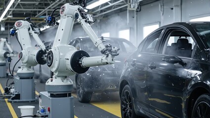 Robotic arms precision painting car doors on assembly line creating mist of paint droplets