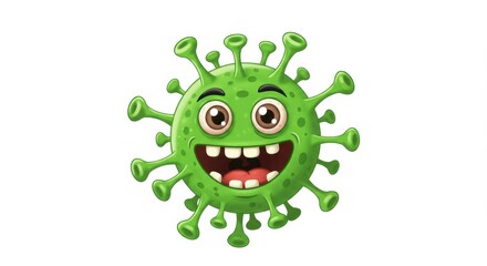 Smiling cartoon virus character with big eyes and green spikes