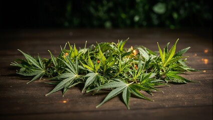 Obraz premium Magical green cannabis leaves on wooden table with golden veins against dimly lit backdrop