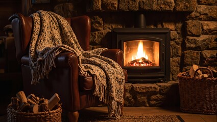 Warm cabin interior with crackling fireplace wool blanket on leather chair firewood stack