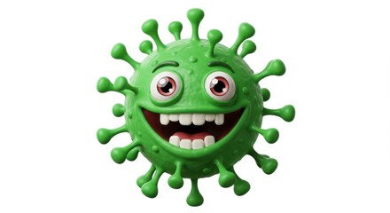 Cheerful cartoon virus character with big eyes and green spikes