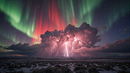 A dramatic aurora borealis in red green and purple hues during a magnetic field reversal