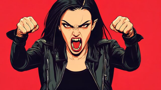 A fierce female vampire with a menacing glare, featuring sharp fangs and a clean backdrop that enhances her ominous aura.