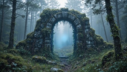 Obraz premium Enchanted stone portal with vines moss and blue glow in misty forest clearing at dawn