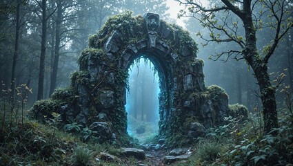 Obraz premium Enchanted stone portal with vines moss and blue glow in misty forest clearing at dawn