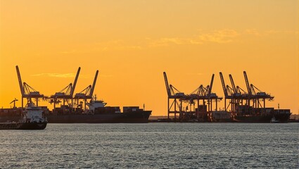 Obraz premium Busy port at sunset cranes loading cargo onto ships in orange sky above calm waters