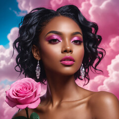 Naklejka premium pink clouds behind black woman with pink roses