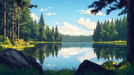 Serene Lakeside Forest: A Digital Painting of Tranquil Nature