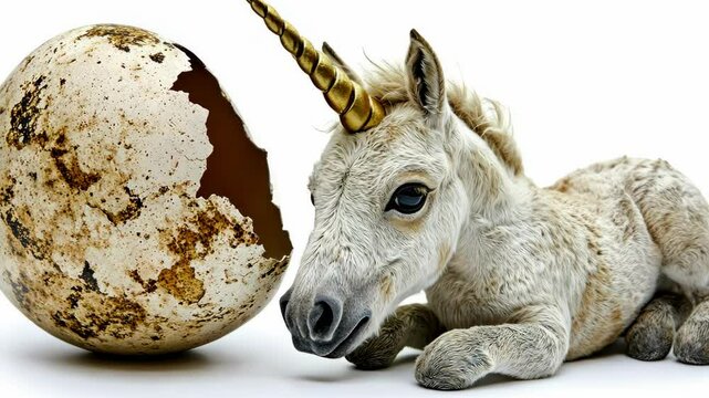 Magical unicorn hatches from a large, cracked egg in a whimsical setting