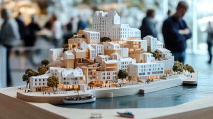 Massing, A detailed architectural model of a coastal city, showcasing buildings and greenery, with visitors admiring it in a modern exhibition space.