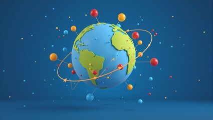 Naklejka premium Global marketing strategy concept with spinning 3D globe colorful dots and arrows