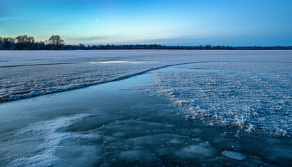 An endless expanse of snow and ice under a pale twilight sky, with delicate frost patterns on the gr