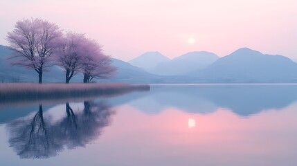 Fototapeta premium Pink Blossom Trees Reflected in Calm Lake at Sunrise