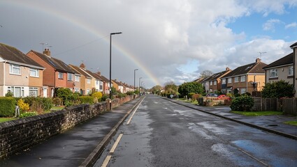 Fototapeta premium Serene suburban scene post rain with colorful houses puddles and a faint rainbow