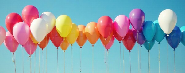 Group of colorful balloons floating in mid-air, fun, joyful, happy