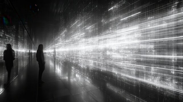 A lone figure observes a radiant flow of data within a mirrored corridor. This image suggests applications in technology visualization, science fiction themes, and abstract digital art.