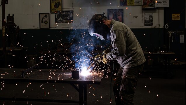 Dynamic welding shop scene with sparks worker welding steel and dancing shadows