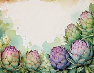 Fototapeta premium Watercolor Border of Artichokes in Greens and Purples AI