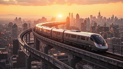 Fototapeta premium Futuristic high speed train on elevated track in vibrant cityscape at sunset