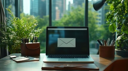 Fototapeta premium Corporate communication, formal email on screen, professional office background, modern laptop, high-end leather desk accessories