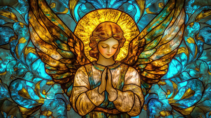 A vivid stained-glass depiction of a serene angelic figure, warm golden tones radiating from the angel, surrounded by intricate floral patterns glowing with vibrant blues and greens. Soft rays of sunl