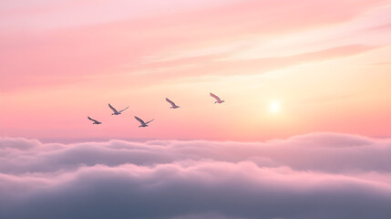 Ethereal Flight: A Dance of Clouds, Birds, and Light in the Open Sky