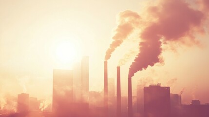Urban Pollution from Industrial Chimneys in Bright Sunlight