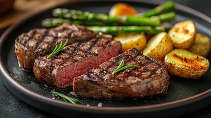 Grilled steak with char marks, served with roasted potatoes and asparagus, elegant plate presentation, rich and savory food vibe