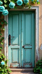 Obraz premium Vintage wooden door with turquoise flowers and heart in a soft background, green, nature