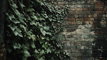 Old brick wall adorned with ivy showcasing organic and angular textures