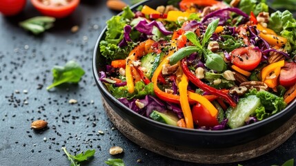 Healthy diet plan, vibrant salad bowl filled with colorful vegetables, nuts, seeds, and dressing, close-up shot with rustic table background