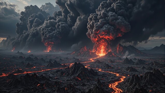Apocalyptic scene of supervolcano eruption ash filled sky and flowing lava
